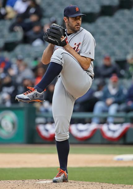 Detroit Tigers-Chicago White Sox. Justin Verlander dei Detroit Tigers si prepara al lancio. Chicago, Illinois. (Afp)